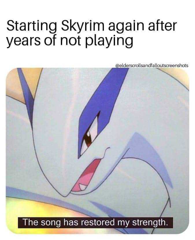 a cartoon picture of a pokemon character with a caption saying starting skyrim again after years of not playing