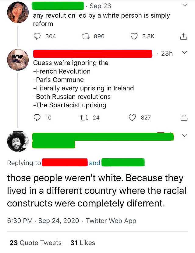 a screenshot of a twee with a text that reads, ' these people weren ' t white because they lived in a different country where the racial constructs were completely different