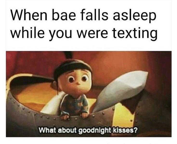 a cartoon picture of a little boy sitting in a plane with a caption that reads, when bae falls asleep while you were texting what about goodnight kisses?