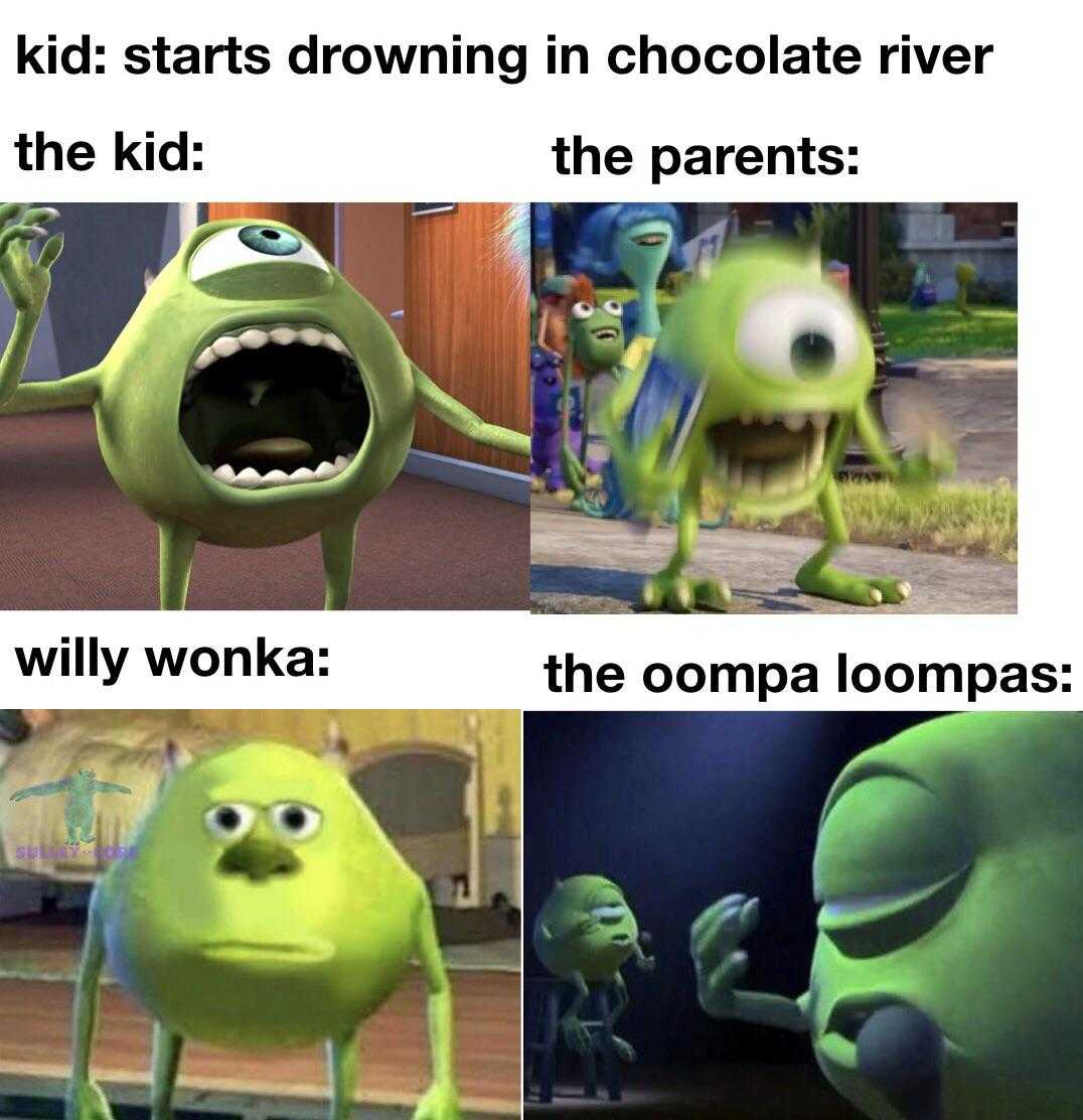 a cartoon picture of a green monster with a caption of the words, ' kid starts drawing chocolate river in the kid '