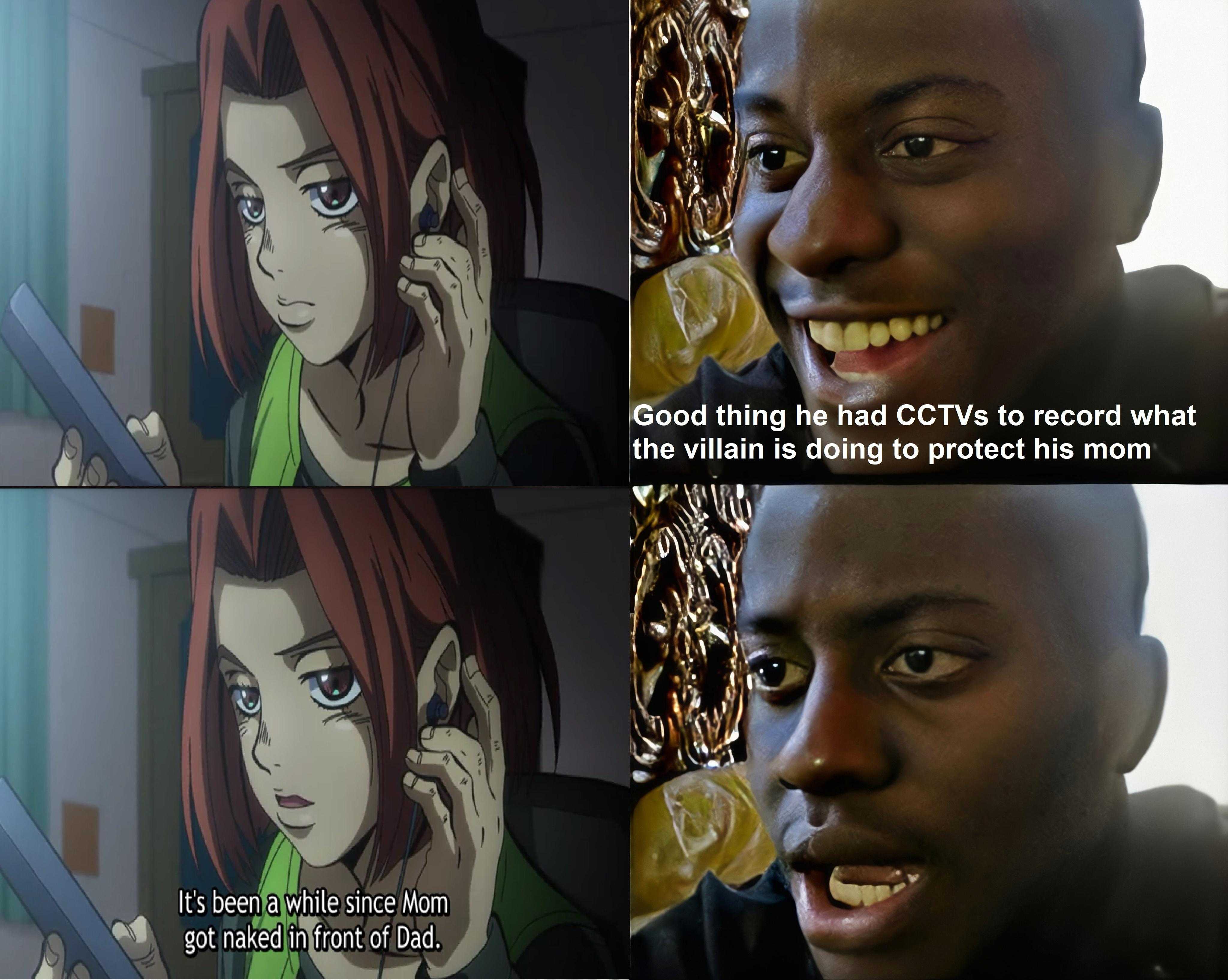 anime guy with red hair and a green shirt talking on a cell phone