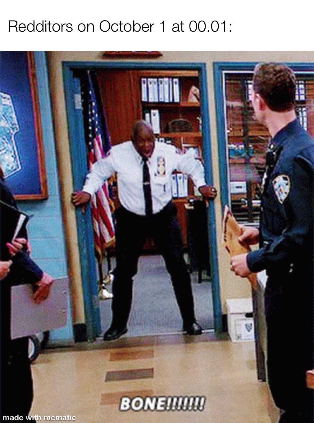 police officer standing in front of a door with a sign that reads, reddits on october 1 at 001 bonehu