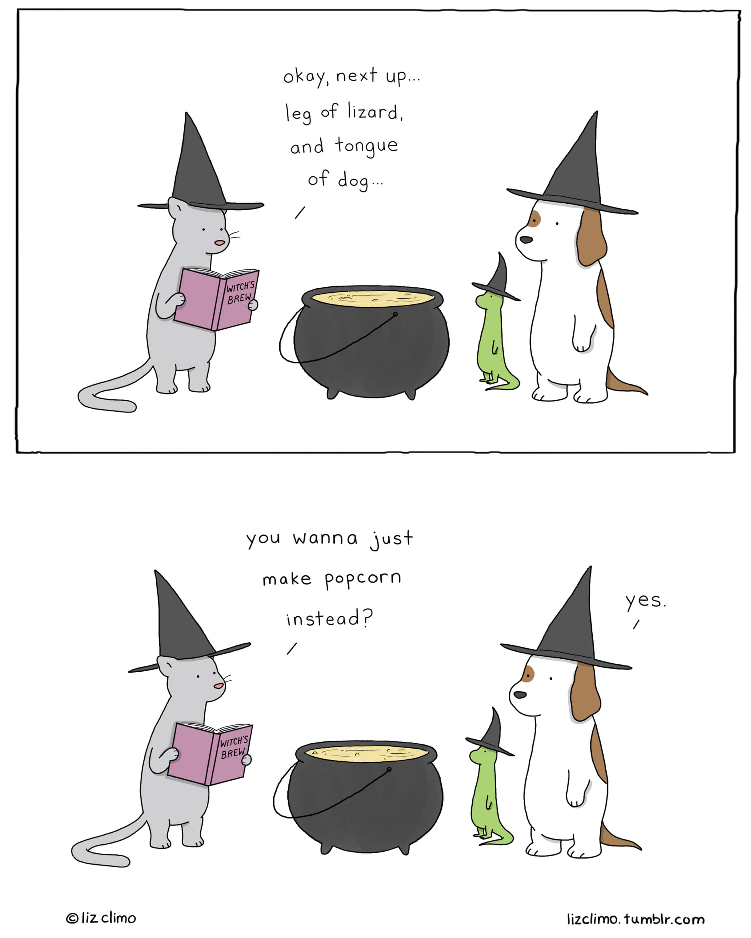 a cartoon of a cat and dog in witch costumes with a caulder