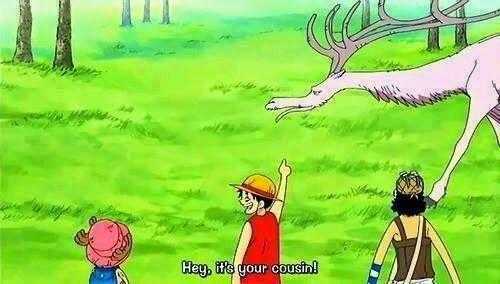 anime characters are standing in a field with a deer