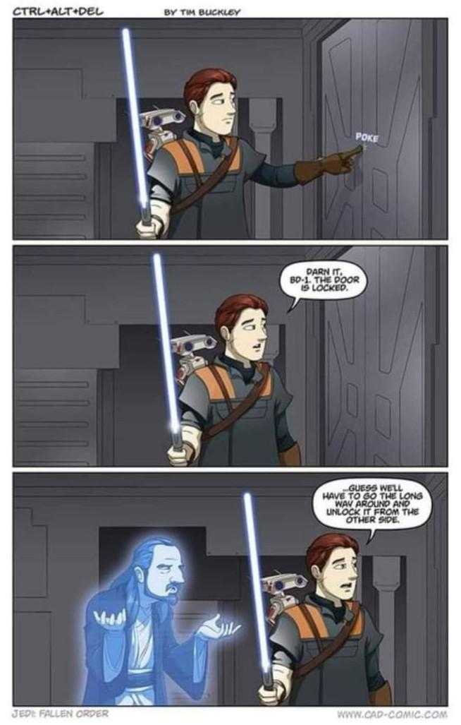 a comic strip with a comic strip of a man holding a light saber