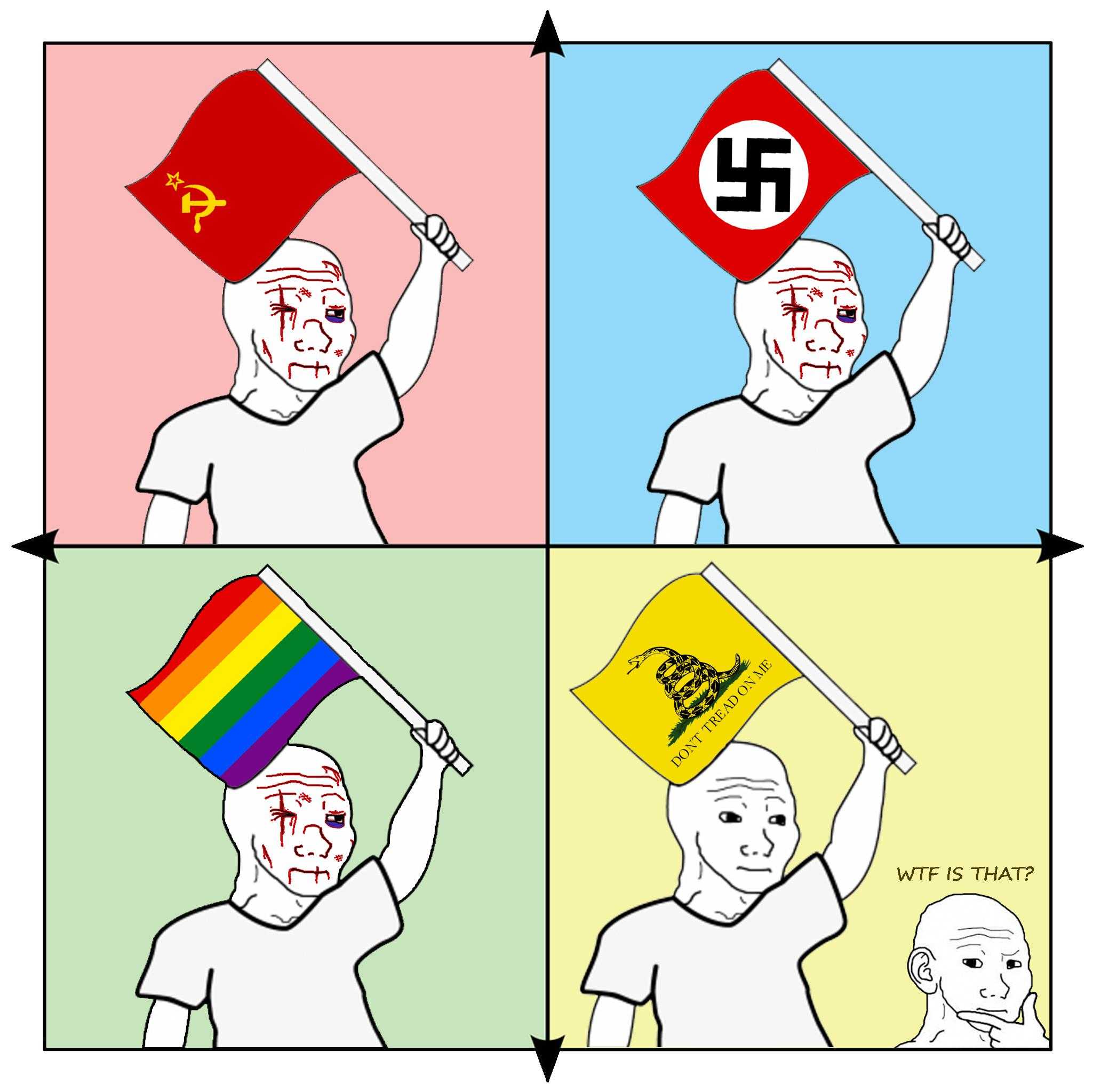 a cartoon of a man holding a flag and a flag with a nazi flag