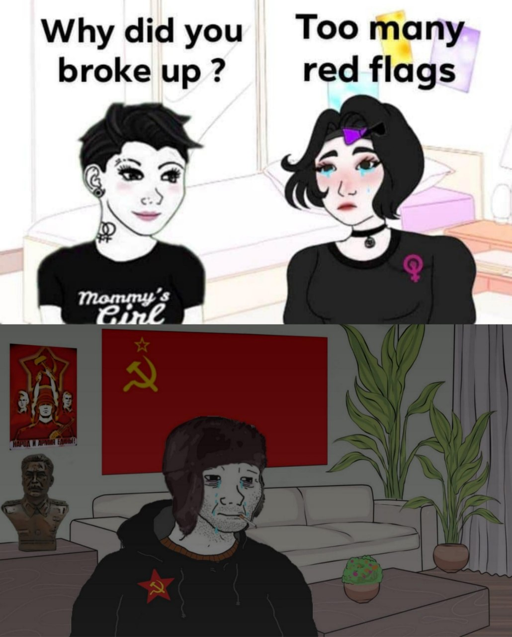 a cartoon picture of two people with a red flag and a red flag