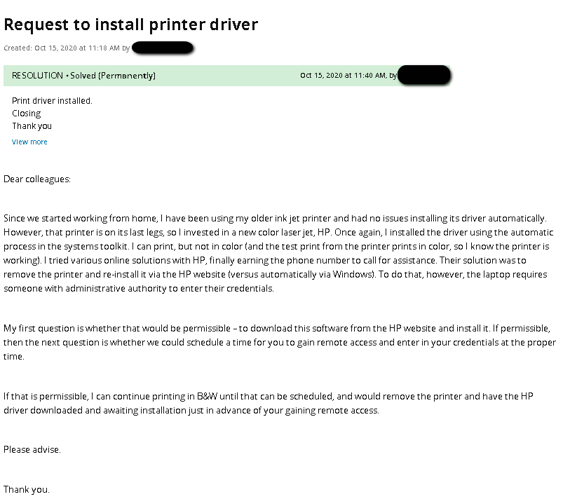 a screenshot of a letter from a customer requesting to install printer driver