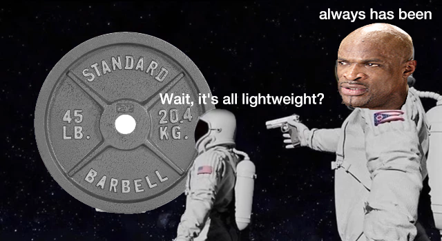 there is a man in a space suit holding a weight plate