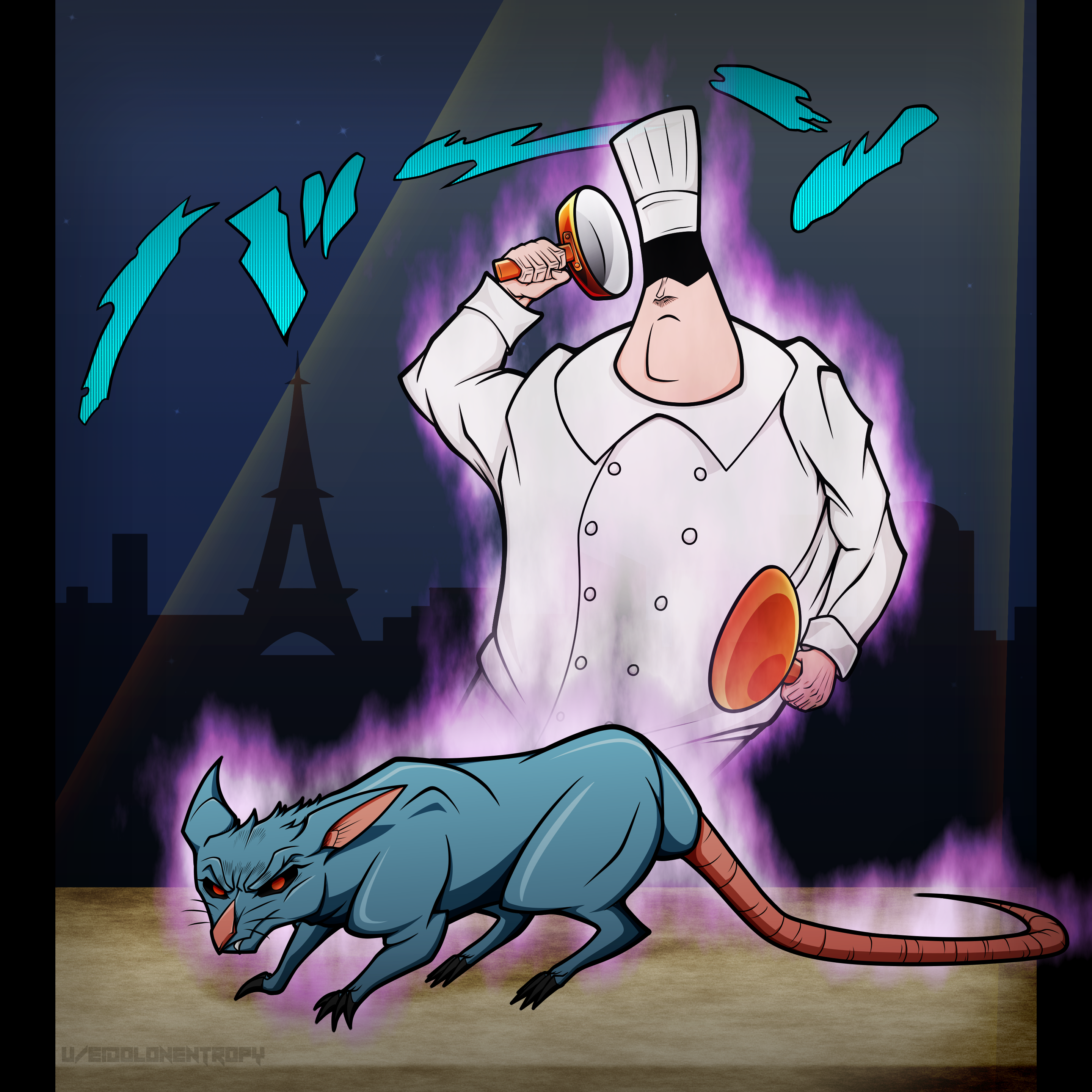 cartoon of a chef with a cat and a table tennis racket