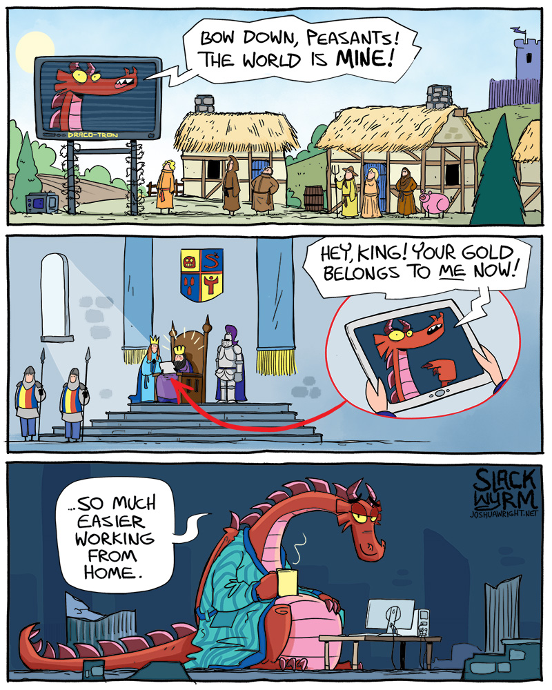 cartoon of a dragon and a man in a building with a sign