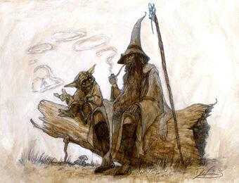 drawing of a man sitting on a log with a dog and a staff