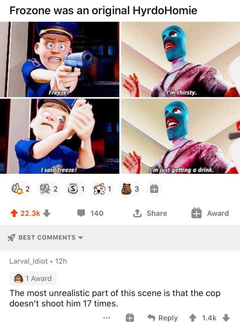 a screenshot of a person with a gun and a caption of a person with a blue face