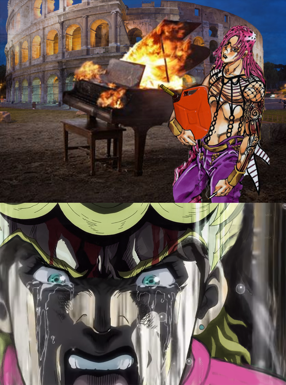 anime characters are in front of a huge building and a fire