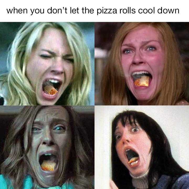 four pictures of a woman with a slice of pizza in her mouth