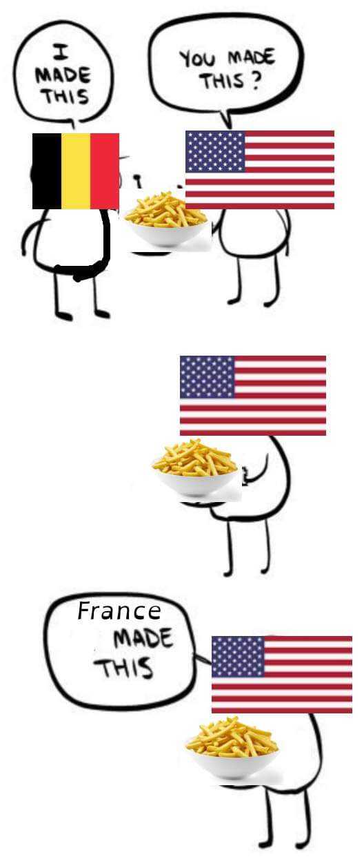 a cartoon of a plate of french fries with a flag on it