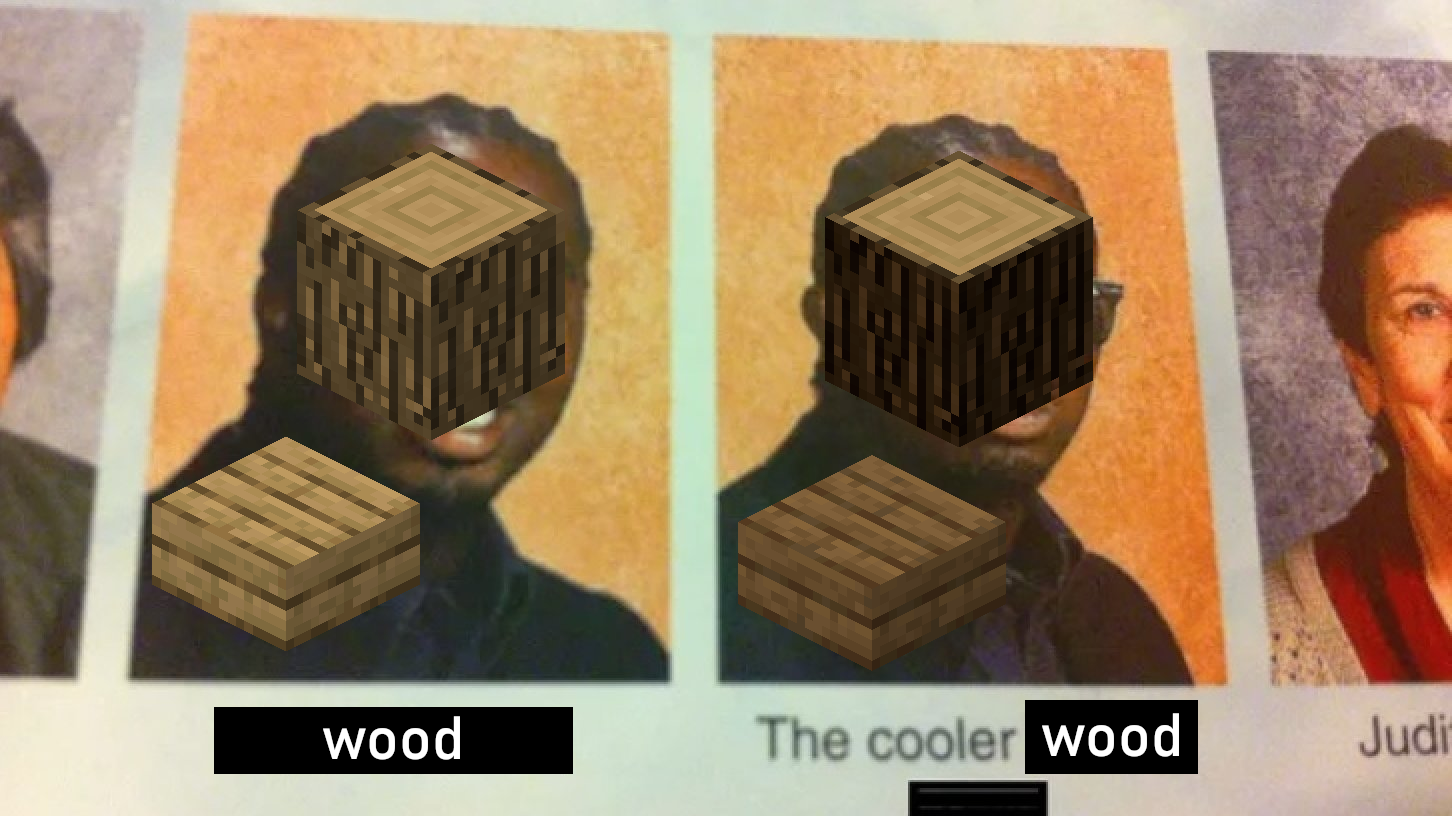 there are four pictures of a man with a wooden cube in his head