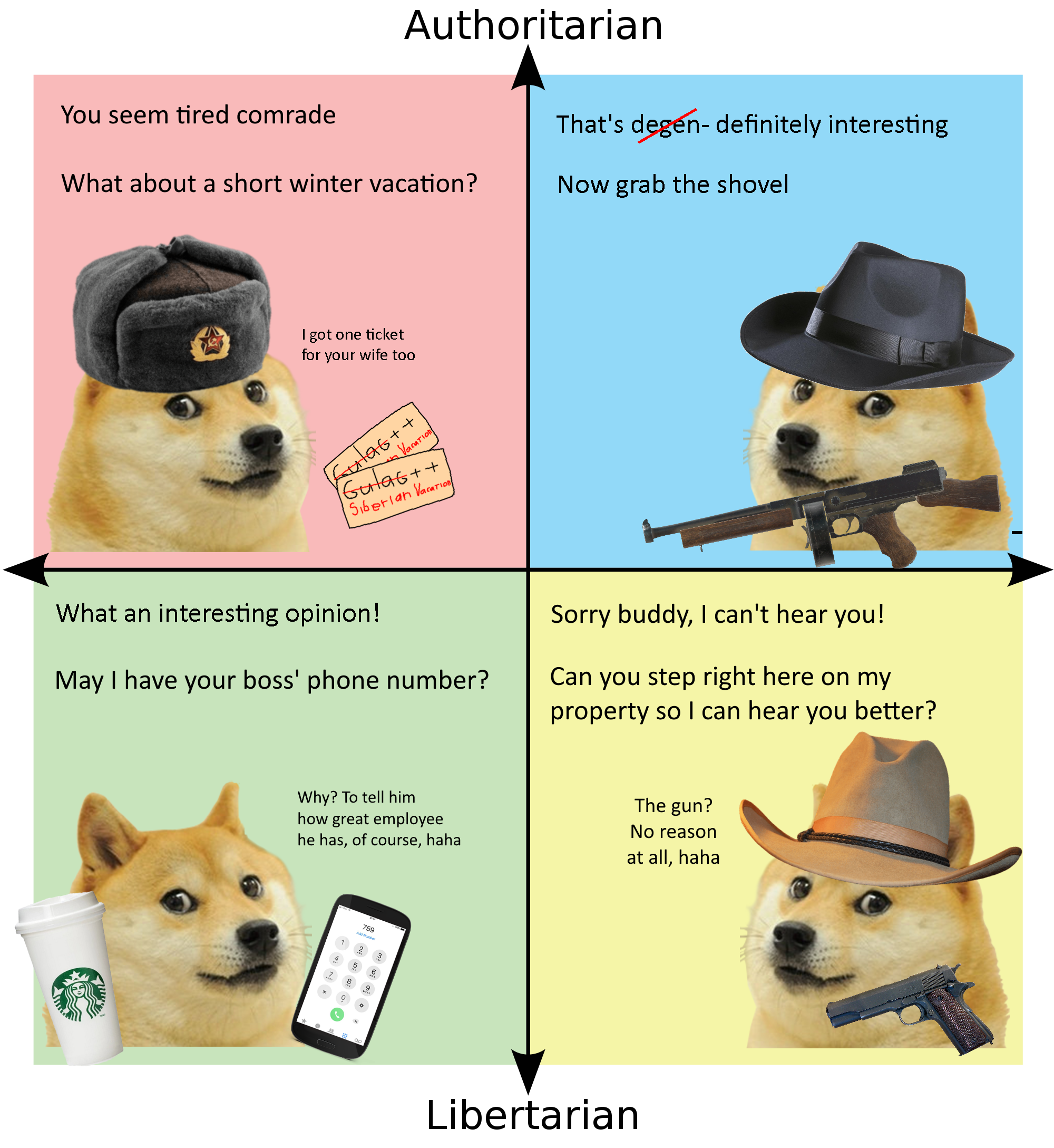 there are four different pictures of a doge with a gun and a hat