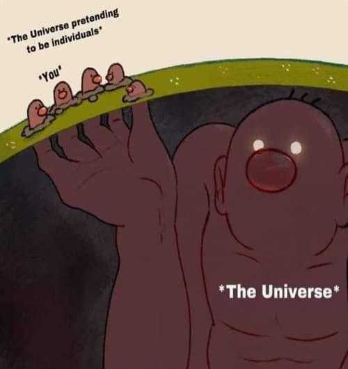 cartoon of a man holding a green object with the words the universe