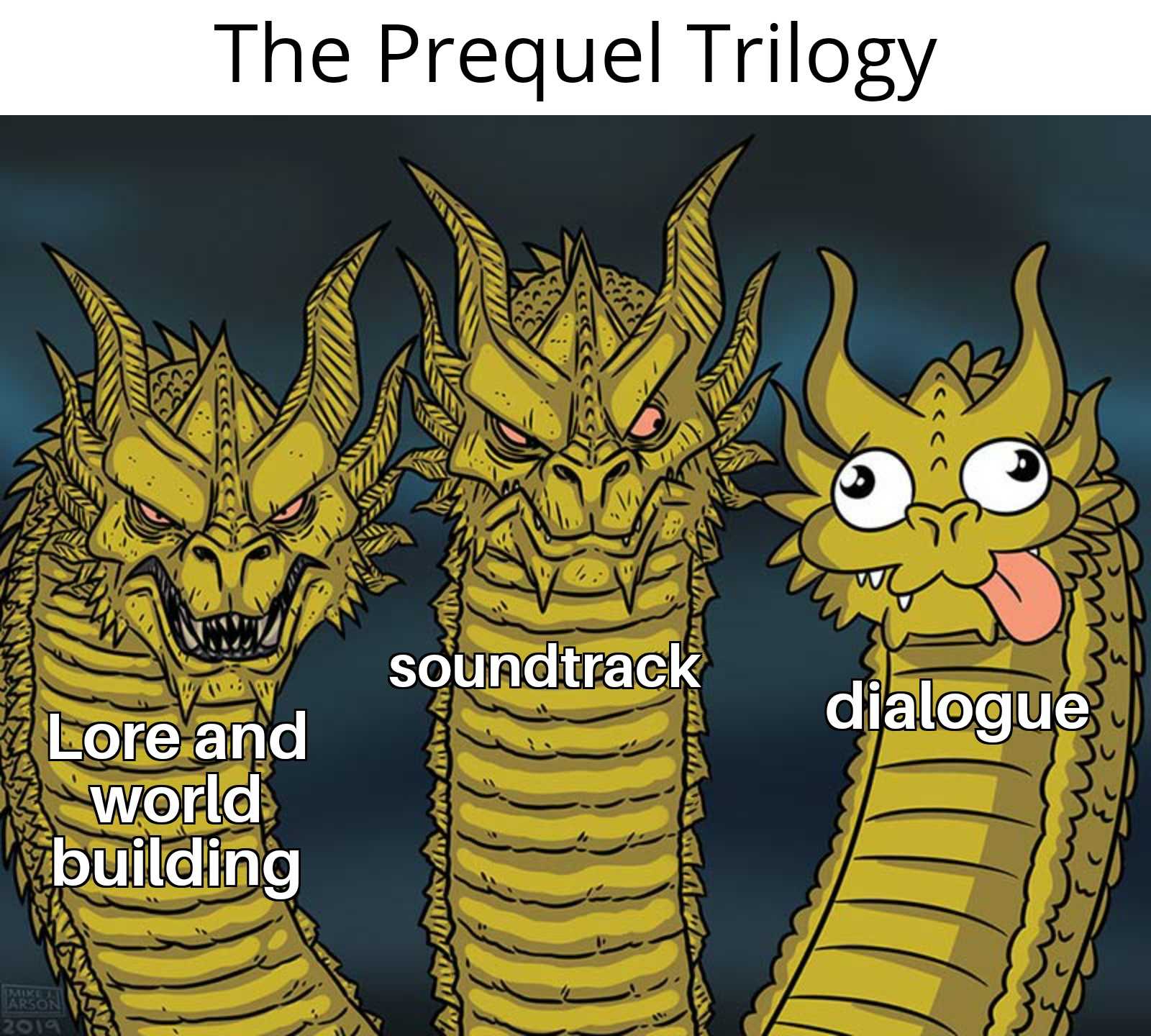 three cartoon dragon heads with the words the prequel trilogy