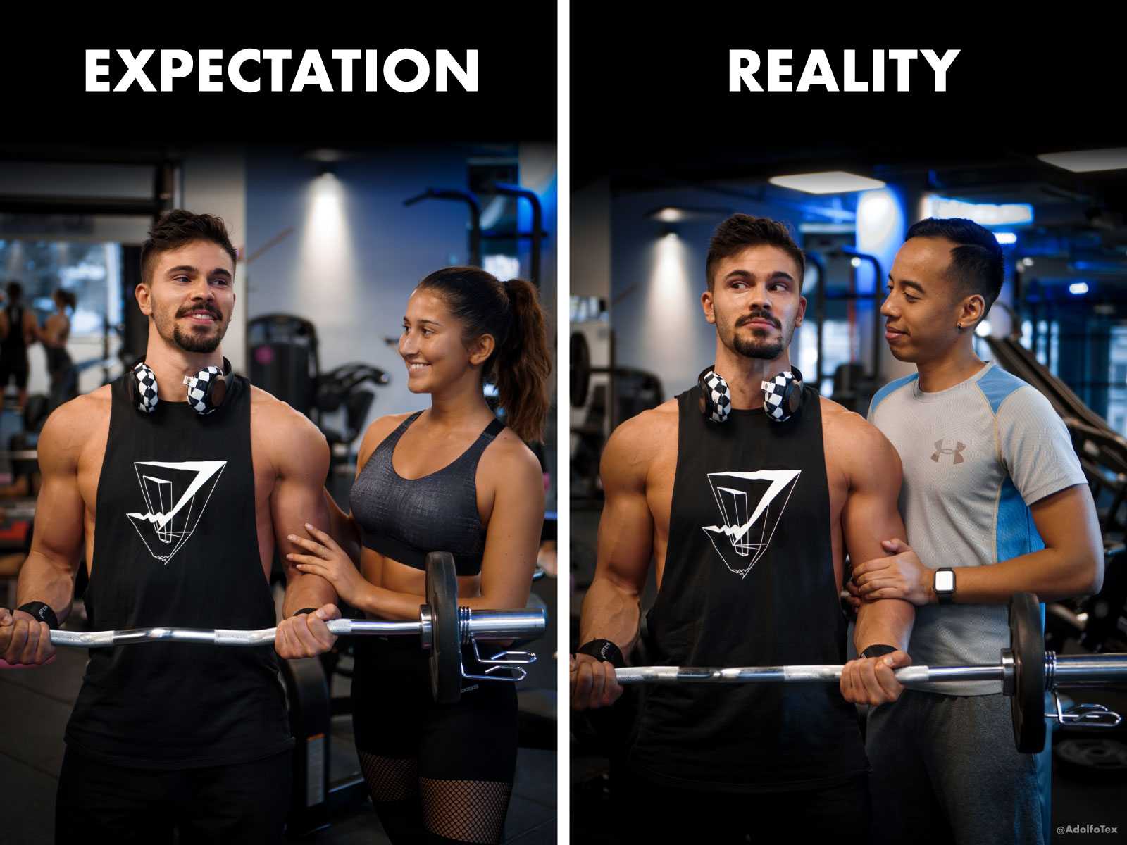 there are two pictures of a man and a woman in the gym