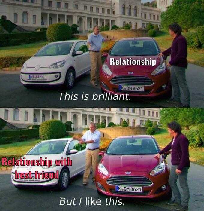 two pictures of a man and a woman standing next to a car