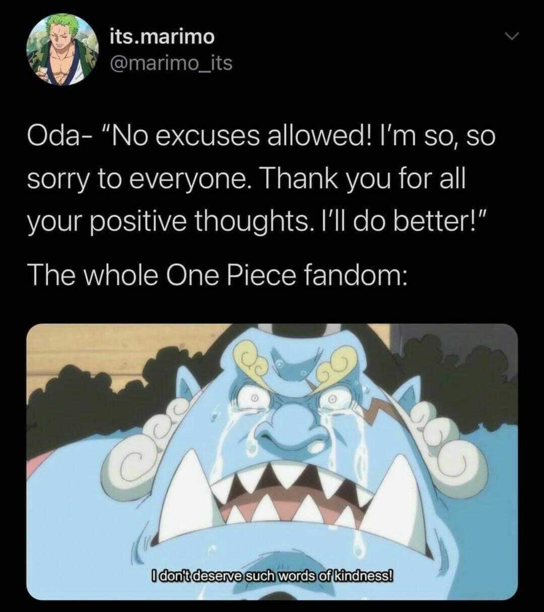 a cartoon picture of a blue monster with a caption saying, ' oda no excuses allowed i ' m so sorry to everyone thank you for all your positive thoughts i ' ll ' ll ' ll ' ll do better the whole one piece