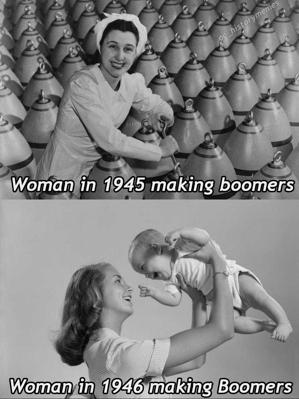 a woman in a white dress holding a baby in front of a bunch of vases