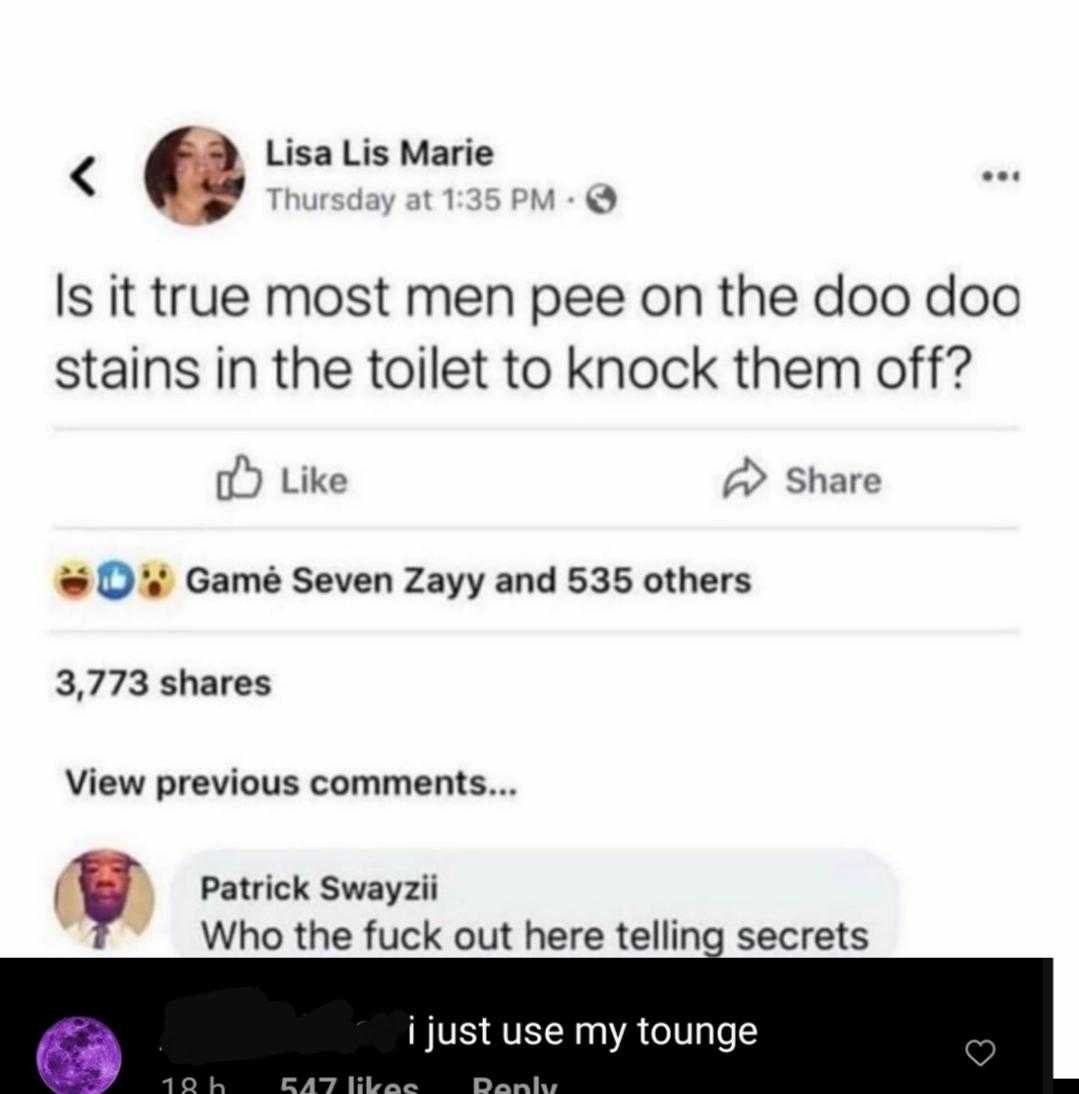 a screenshot of a twee with a text that reads, is it true most men pee on the door and stains the toilet to knock them off?