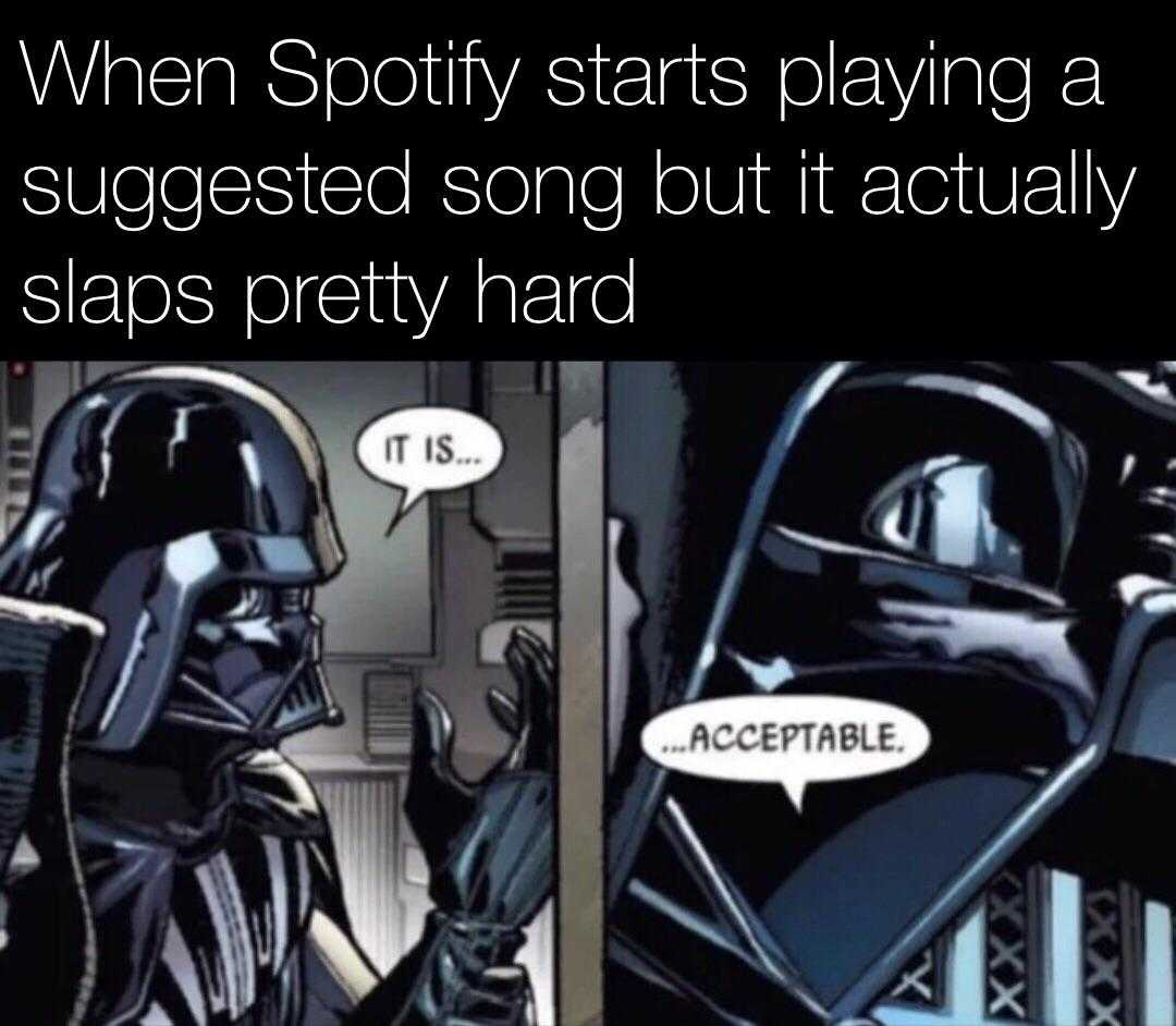 a cartoon of a darth vader with a speech bubble saying, when spotify starts playing a successful