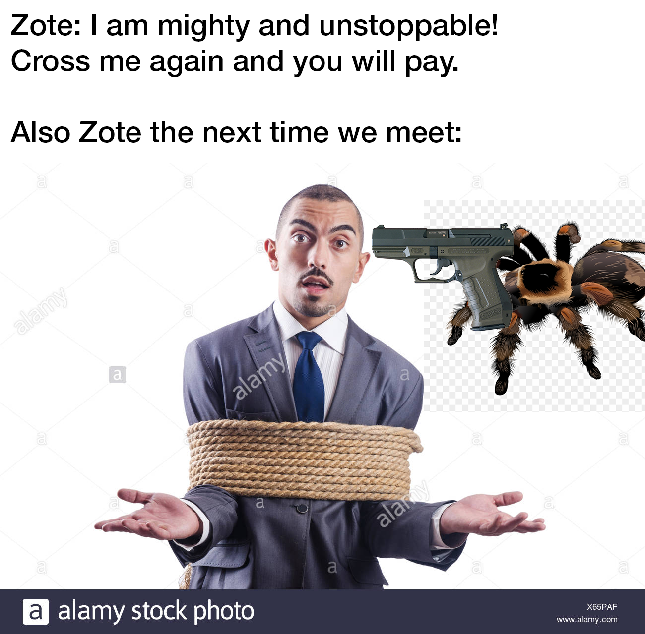 a man in a suit holding a rope with a gun and a spider on it