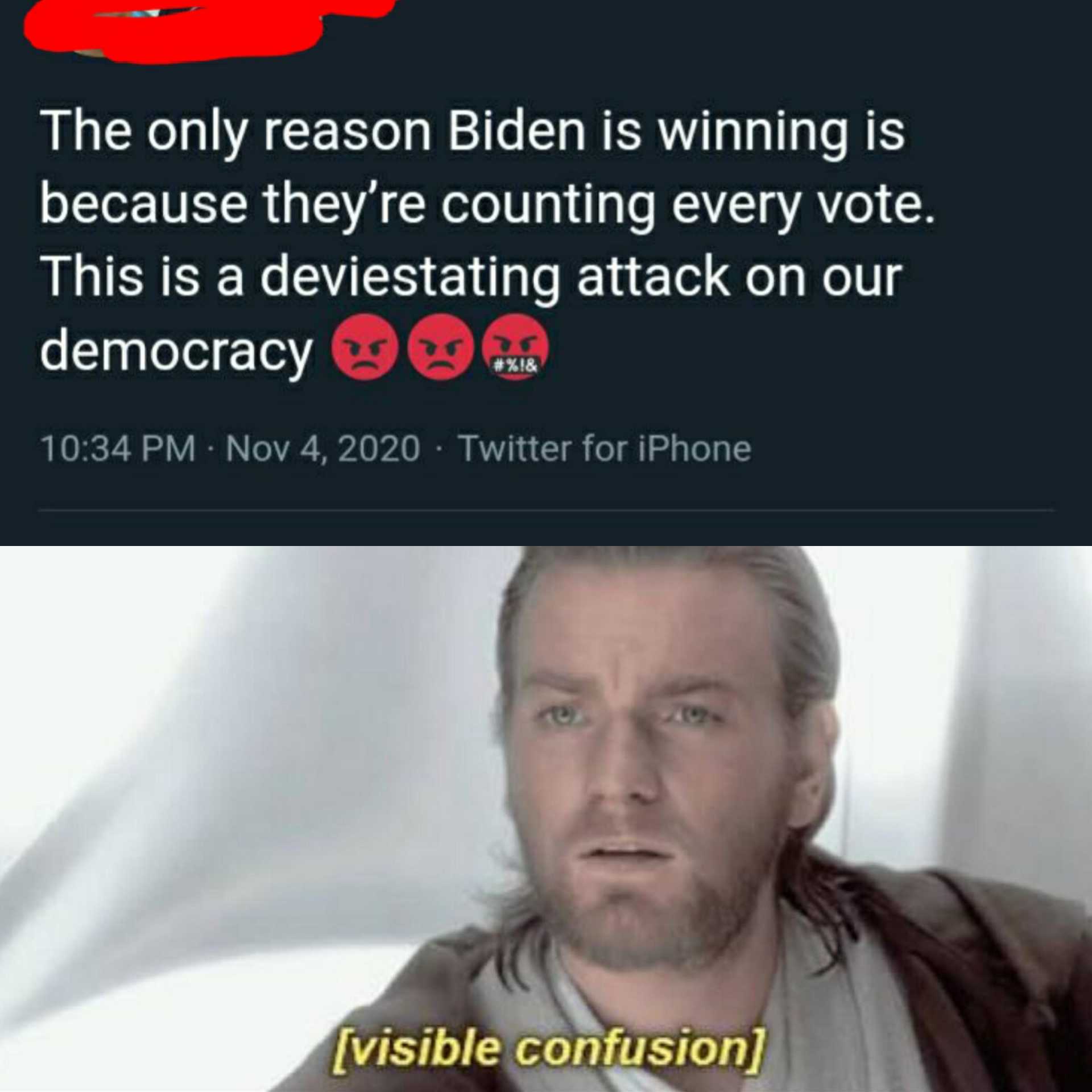 a screenshot of a man with a funny face and a caption that reads, the only reason biden is winning is because they ' reuniting every vote