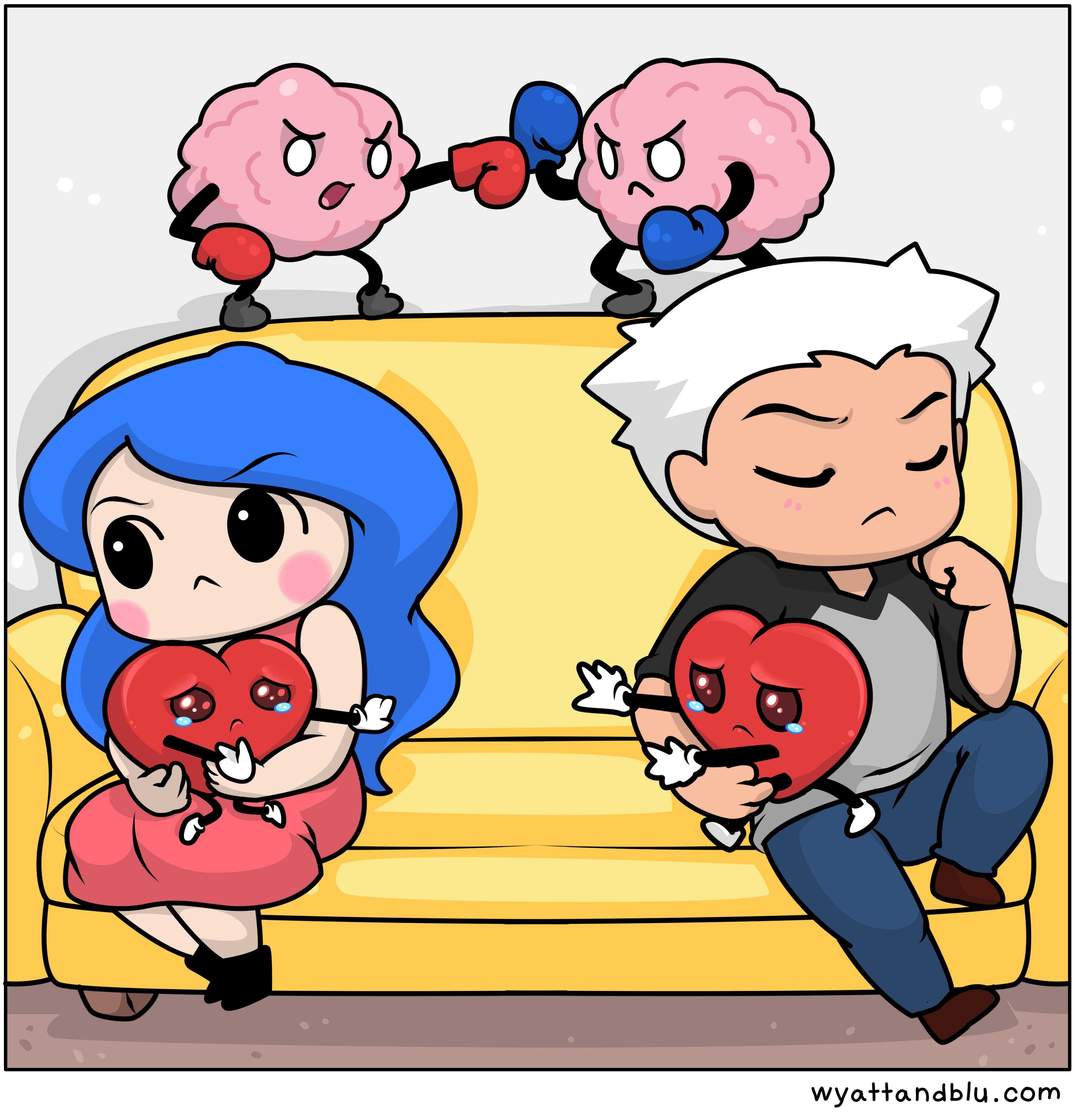 cartoon characters sitting on a couch with a heart and a brain