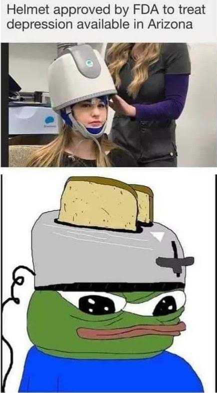 a cartoon picture of a woman with a helmet on and a toaster on her head