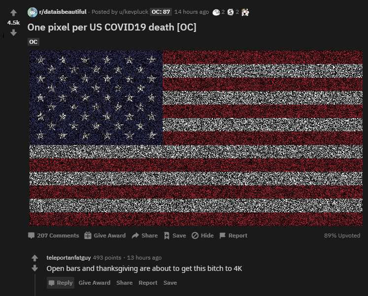 a tweet with a flag on it that reads one pixell pus covidd 9 death