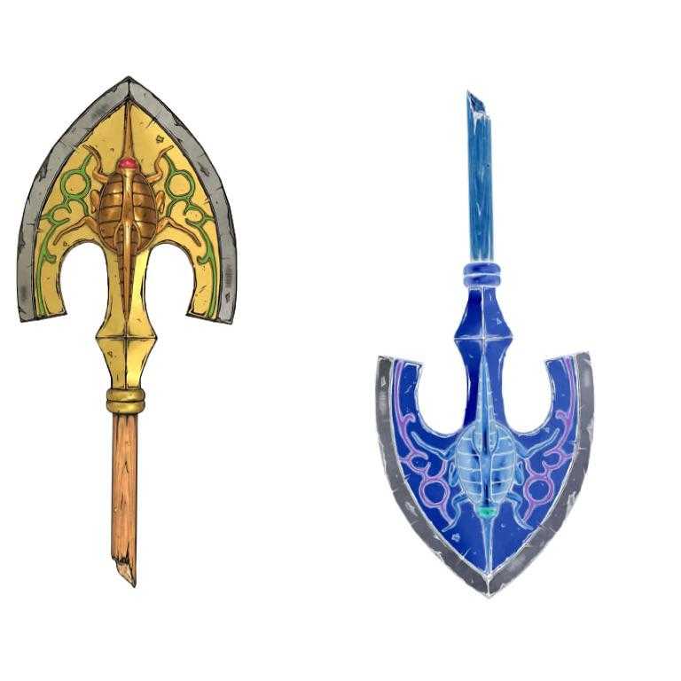 two different colored weapons are shown on a white background