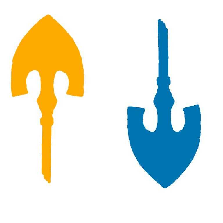 a close up of two different colored shovels on a white background