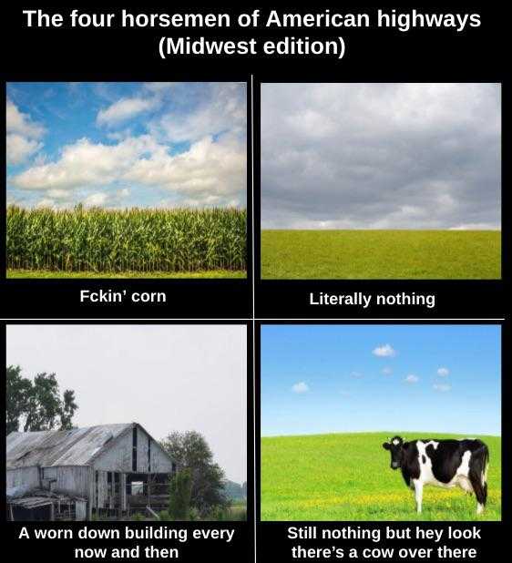 four pictures of a farm with a cow in the middle of it