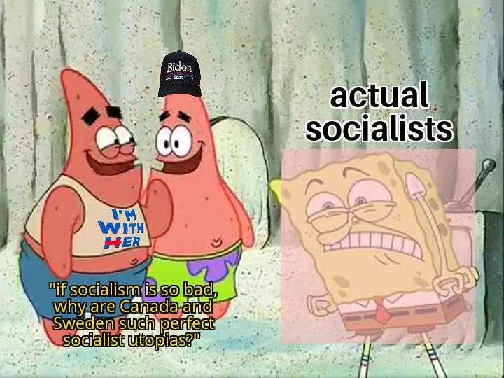 cartoon of two people in bathing suits with a caption of actual socialists