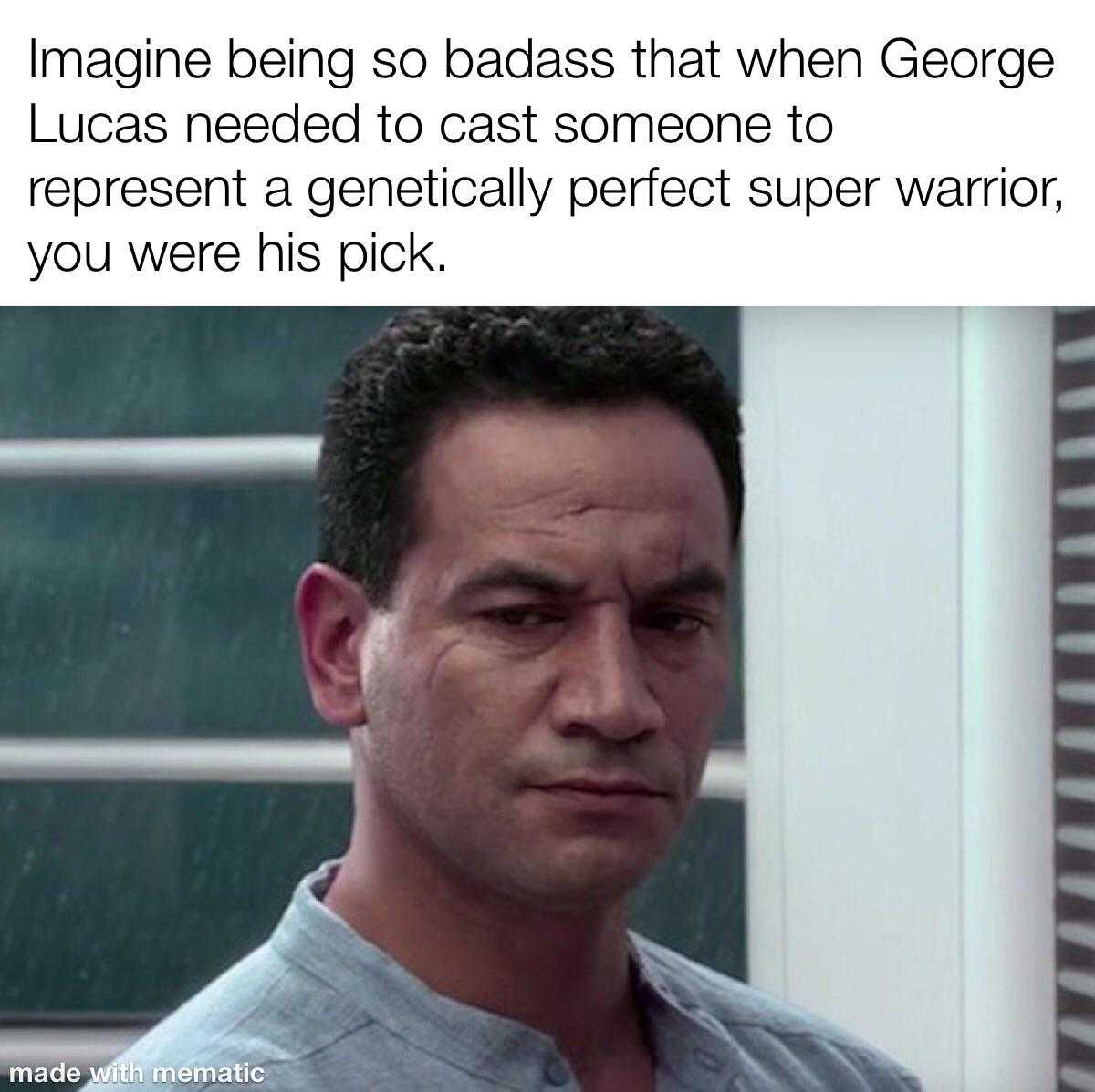 man in grey shirt staring at camera with caption saying, imagine being so sad that when george lucas doesn ' t represent a gently perfect super - super warrior, you were his pick