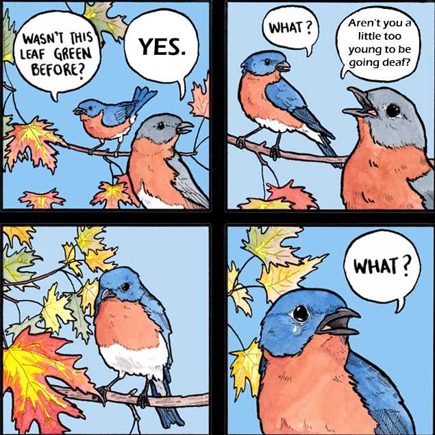 a cartoon of a bird sitting on a tree branch with a speech bubble