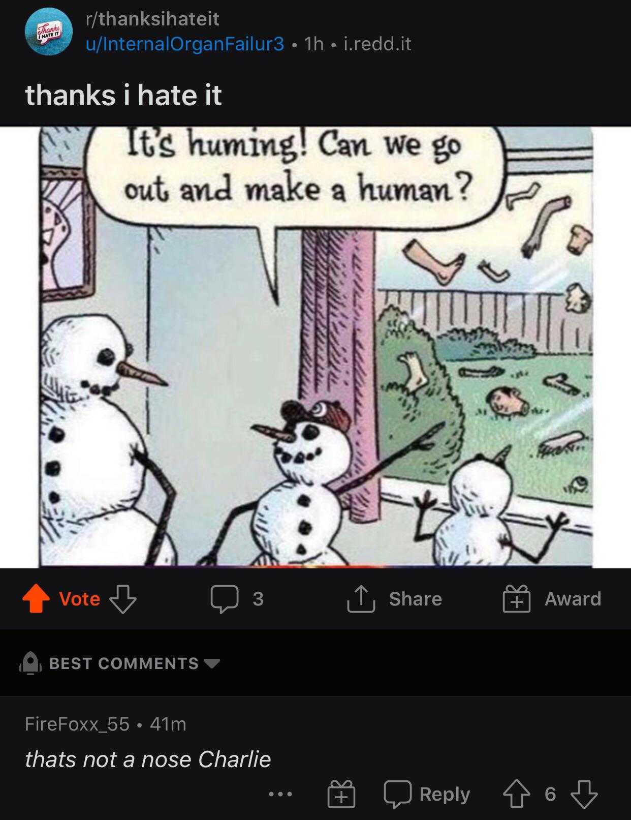 a cartoon of a snowman with a speech bubble saying thank i hate it