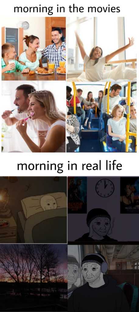 a bunch of pictures of people riding a bus with a caption of the words, morning in real life