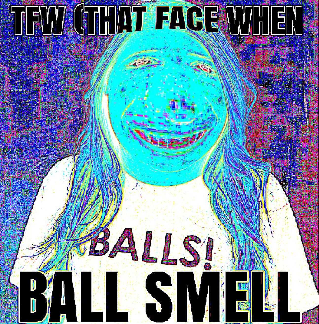 image of a girl with a blue face and a t - shirt that says balls ball smell