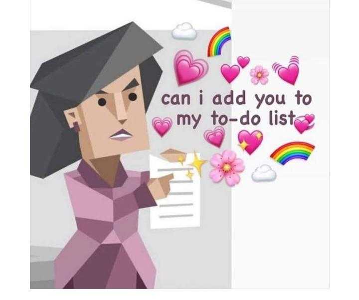 cartoon of a woman holding a piece of paper with hearts and a rainbow