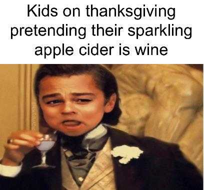 kid in a tuxedo drinking wine with a caption saying, kids on thanksgiving pretending their sparkling apple cider ' s wine