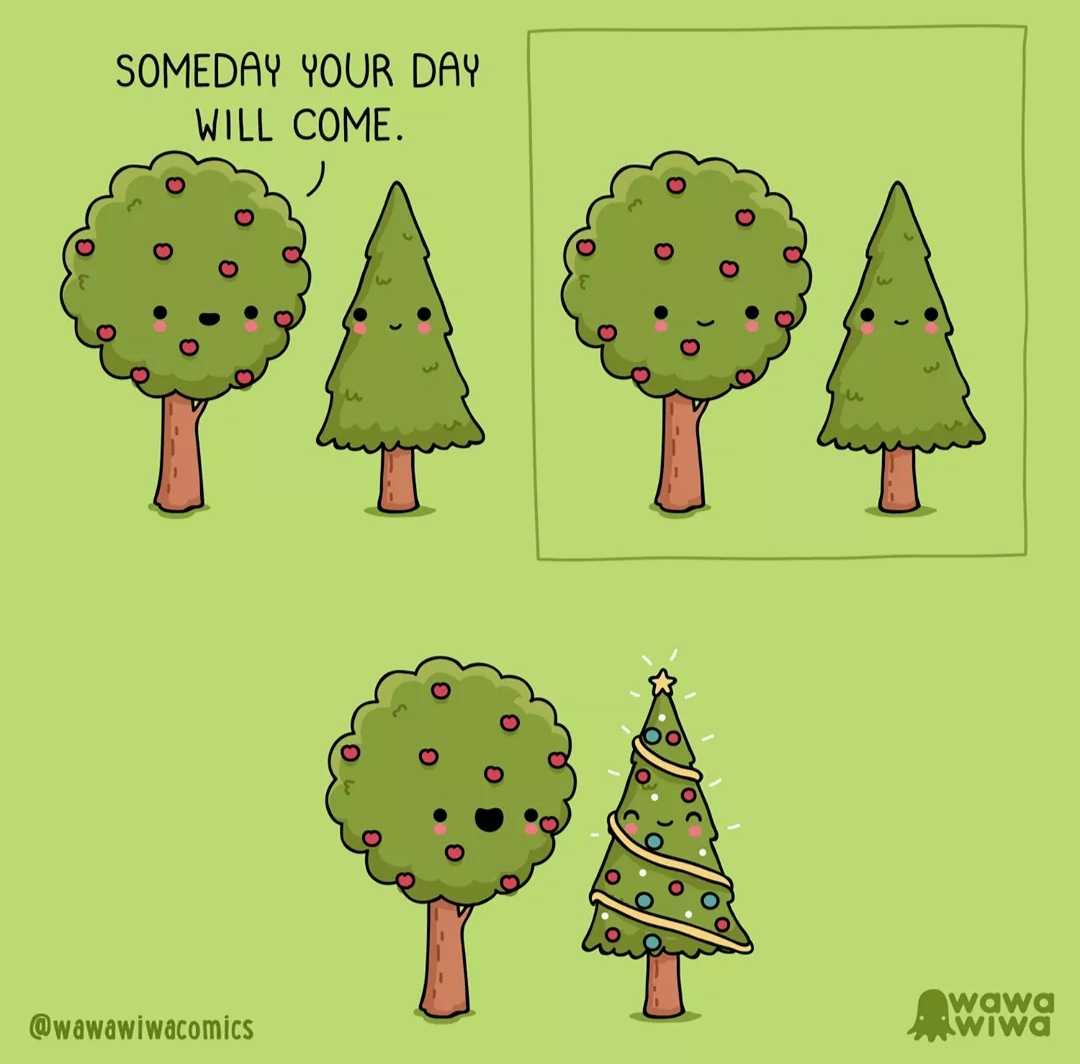 a cartoon of a christmas tree with a face and a tree with a star on it