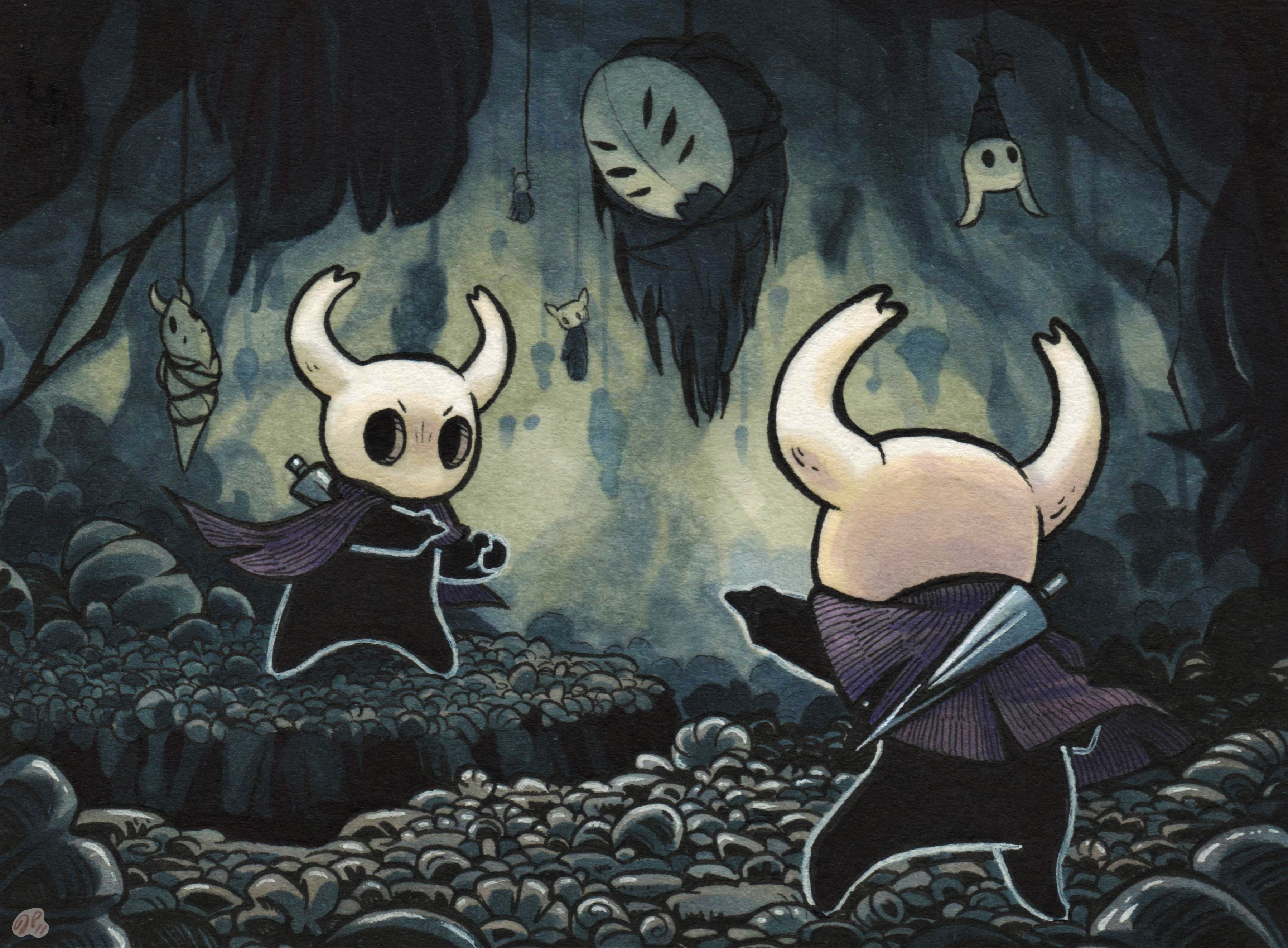 cartoon illustration of two little devil children in a cave with skulls