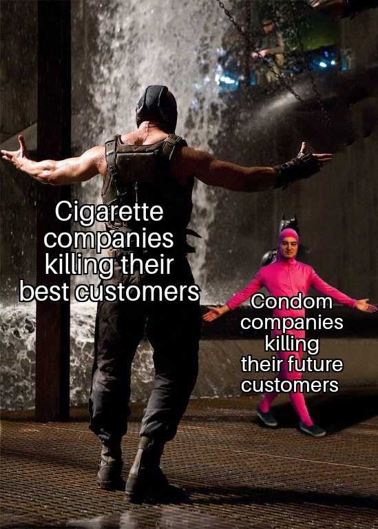 batman and catwoman in a scene with a caption that reads, cigarette companies kill customers