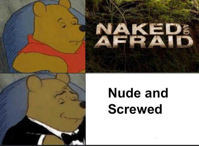 a cartoon picture of a bear in a suit and tie with the words naked and screwed